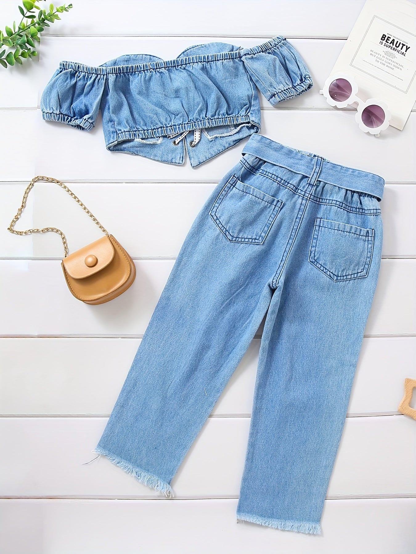 Toddler Girls Denim Set with Ripped Jeans and Tube Top for Summer Outdoor Wear