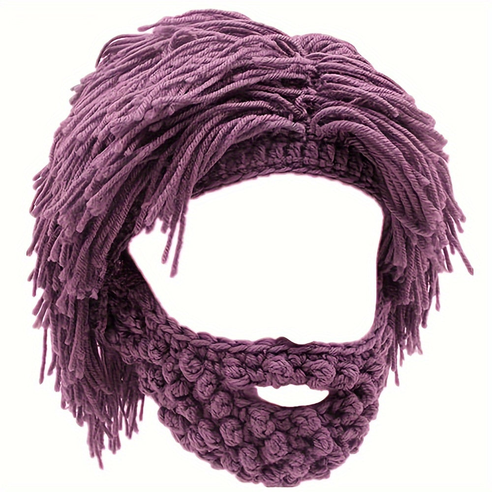 Punk Style Beanie with Attached Straight Hair Wig and Knitted Beard for Parties and Holidays