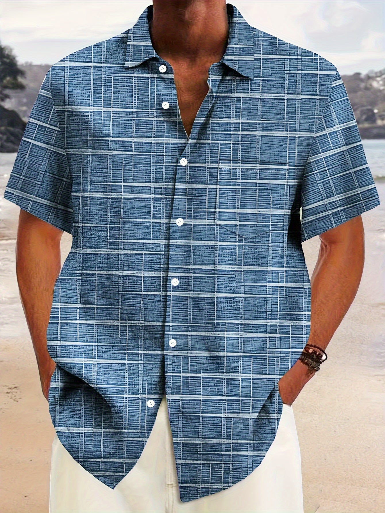 Plus Size Men's Vintage Geometric Print Short Sleeve Shirt Polyester Button Pockets