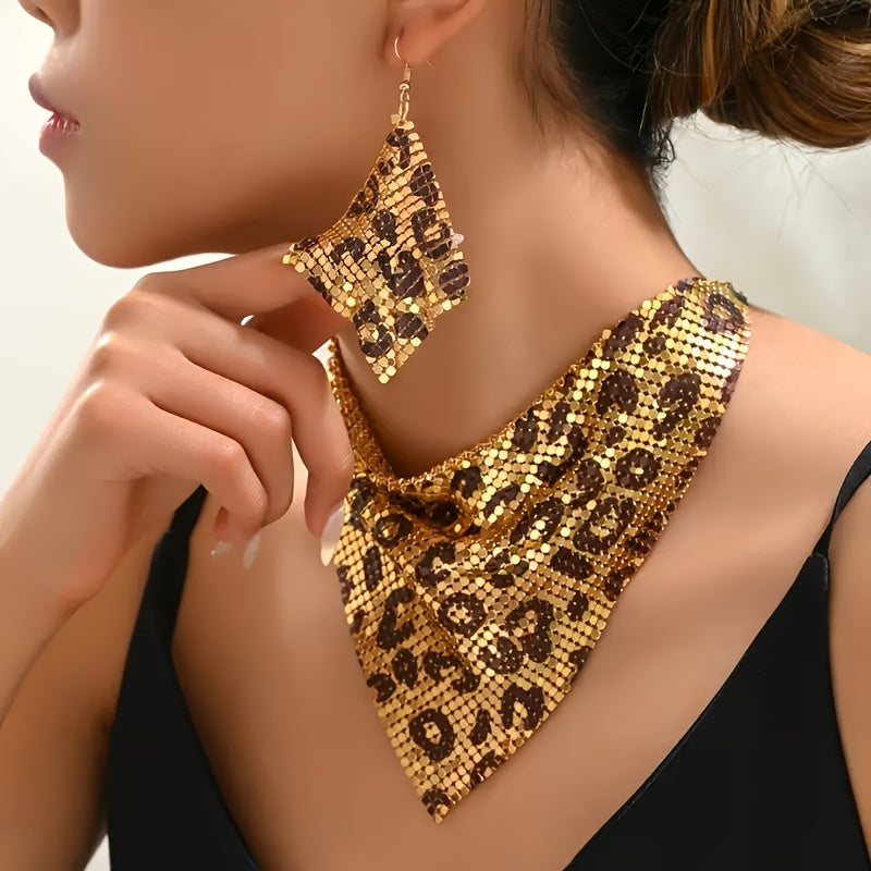 Retro Triangle Scarf with Sequins and False Collar Leopard Print Statement Necklace and Earrings for Women
