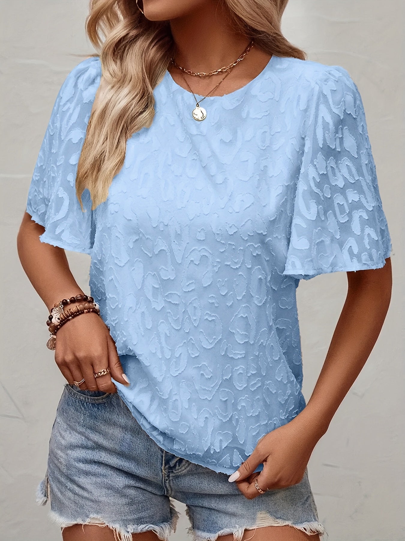 Women's Beige Jacquard Blouse with Butterfly Sleeves Elegant Style