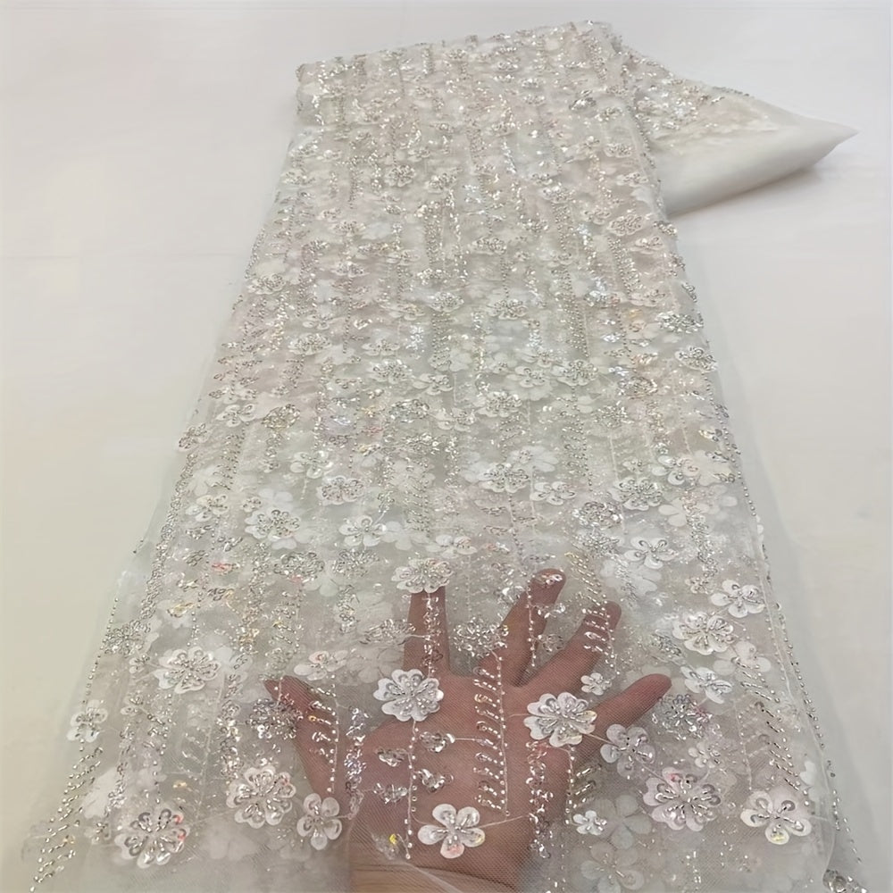 French Net Lace Fabric 2.5 Yards Beaded Wedding Bridal Peach Cotton Polyester