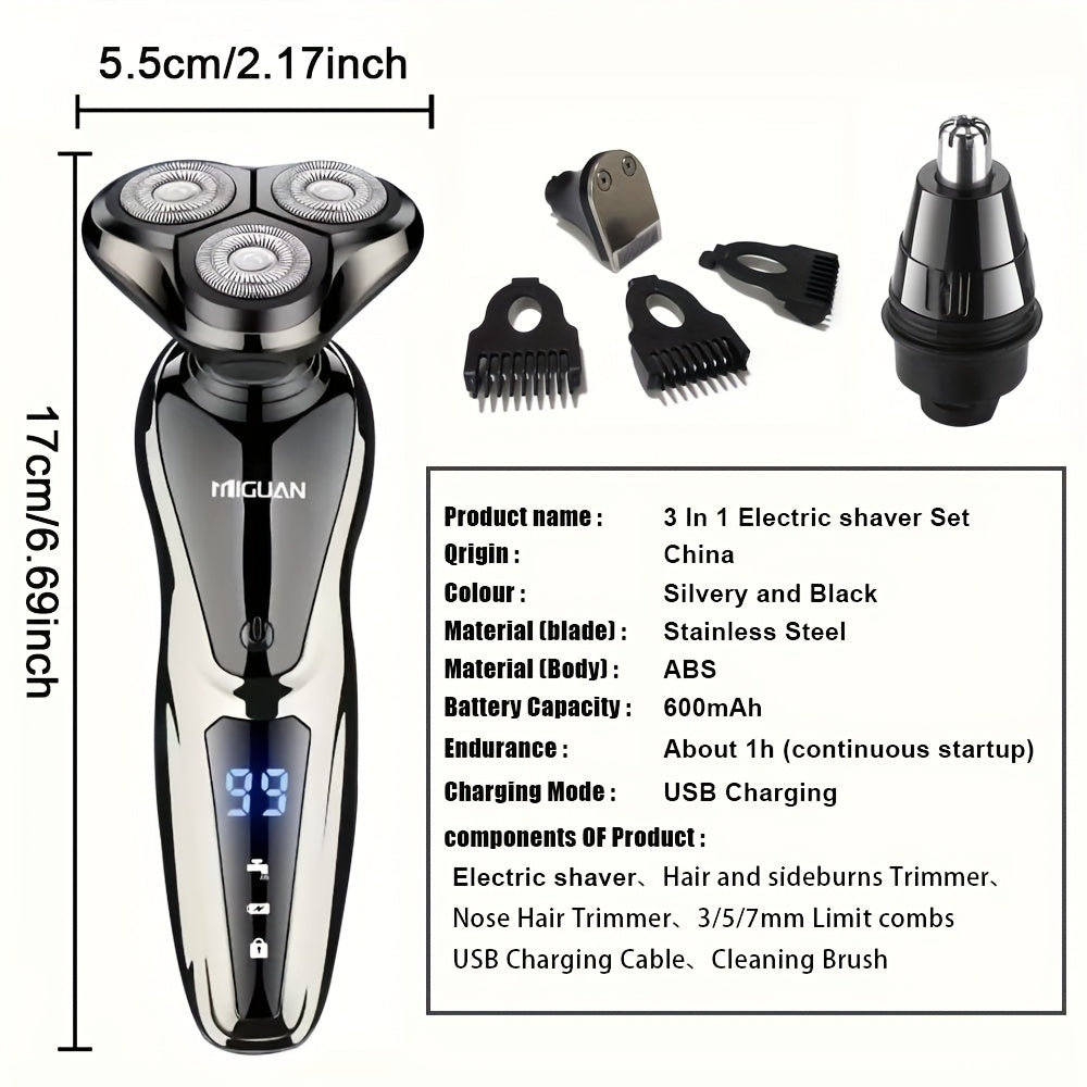 3-in-1 Electric Shaver Set for Men Nose Hair Trimmer Hair Sideburns Trimmer Rechargeable Lithium Battery LED Display Stainless Steel Blade