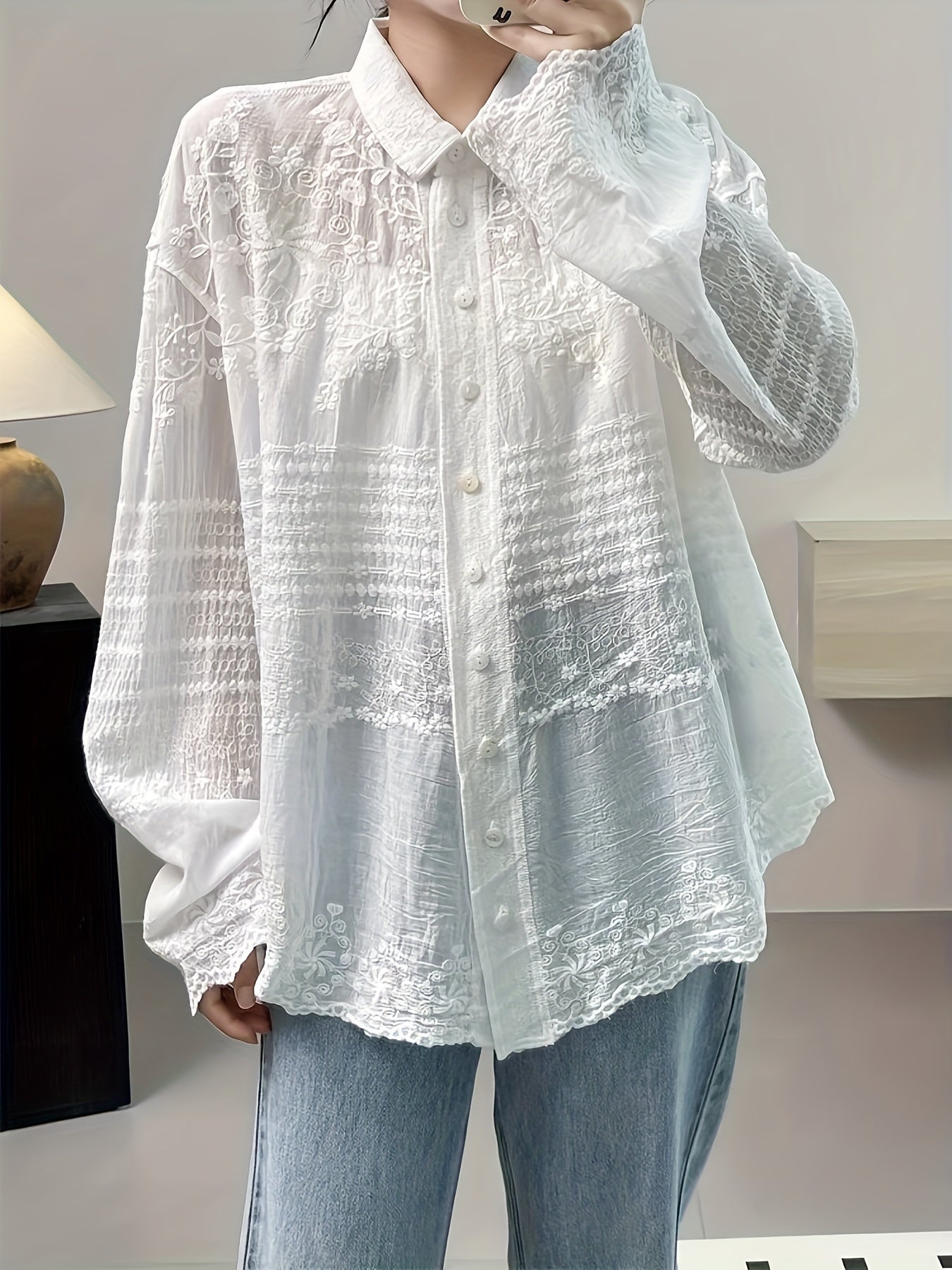 Blusa blanca de crochet para mujer de manga larga, casual y transparente para primavera y otoño
