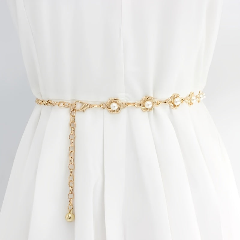 Женский пояс-цепочка с искусственными жемчужинами в корейском стиле, металлический тонкий ремень для платья и юбок