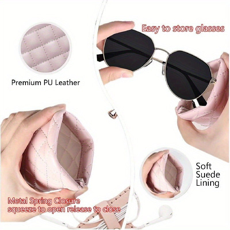 Unisex PU Leather Glasses Case Soft Interior Compact Quilted Black White Pink