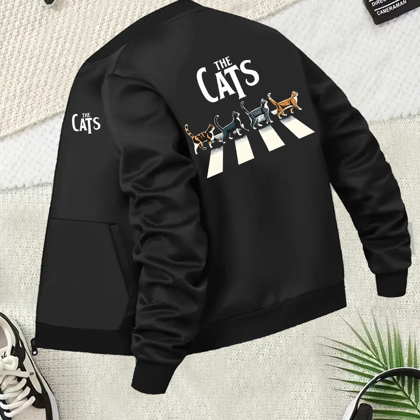 Plus Size Women's Casual Black Jackets with Cats Print Zip-Up Pockets