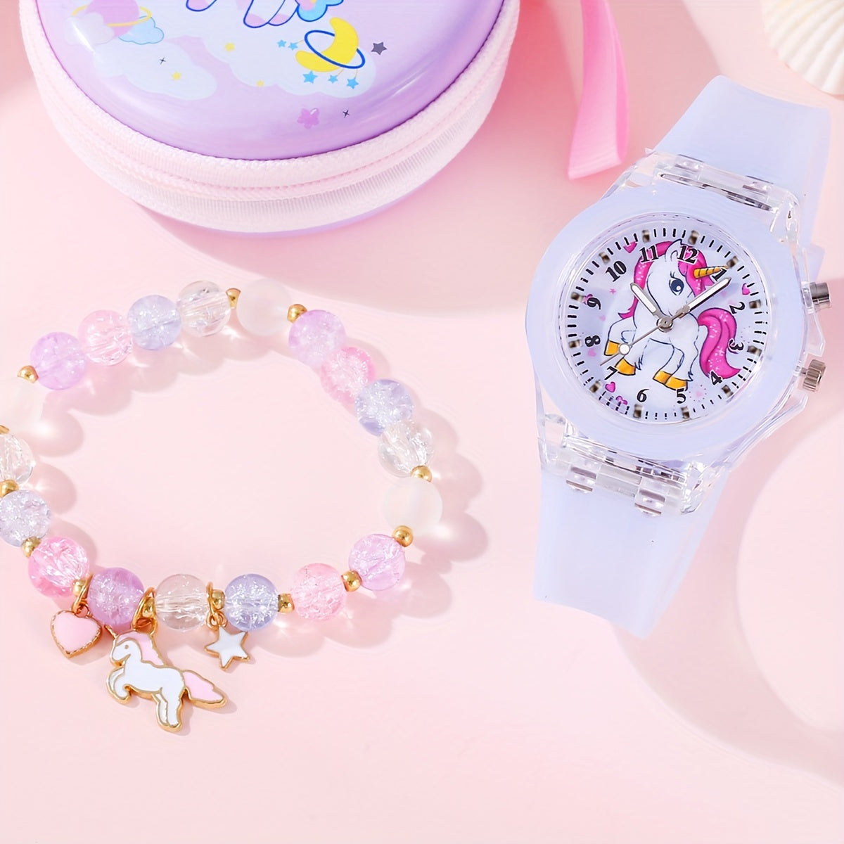Uniseks Unicorn Kvarts soat va bilaguzuk to'plami Silikon taqa bilan ajoyib zargarlik buyumlari
