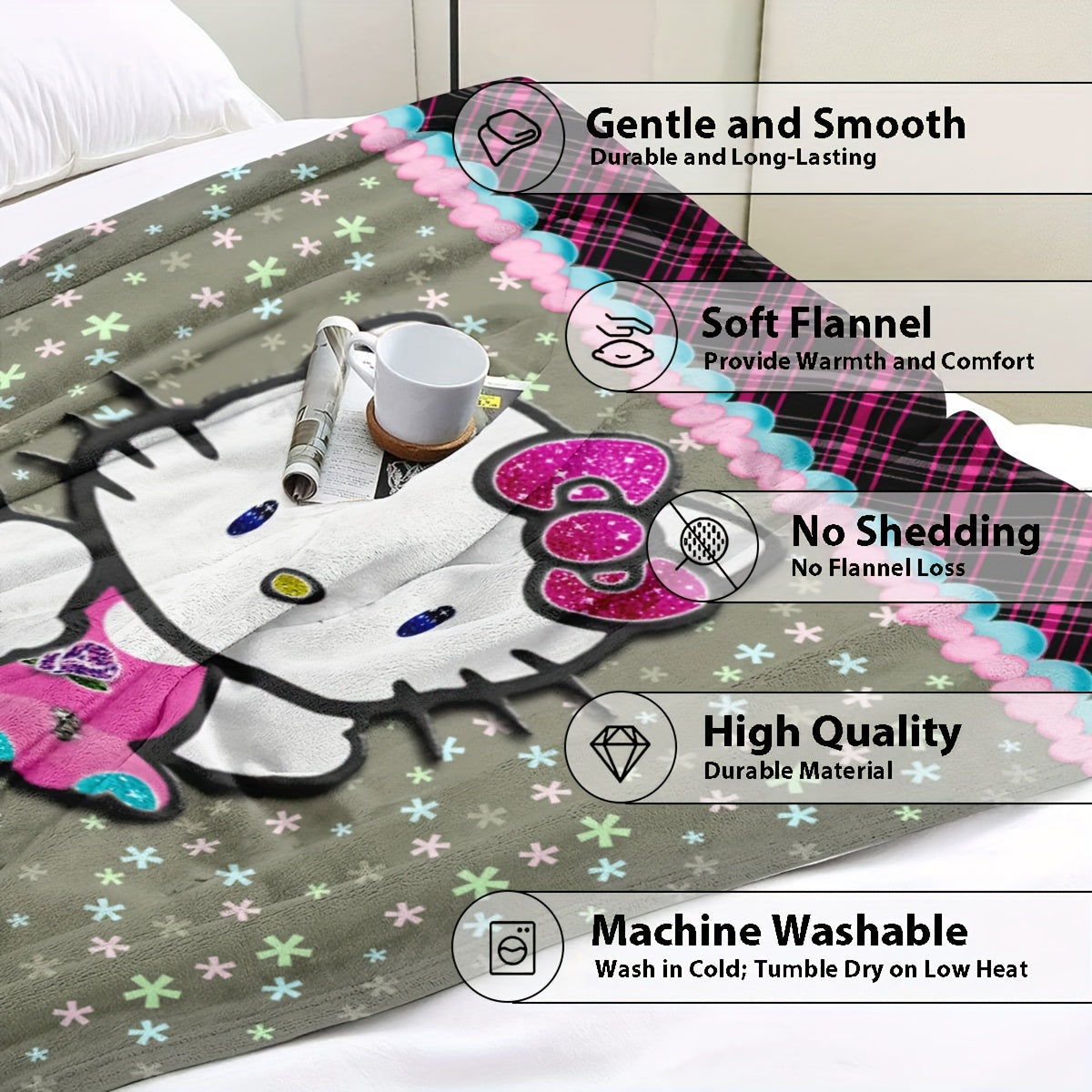 Square Pattern Hello Kitty Flannel Blanket for Kids and Adults Comfortable Bed Sofa Car Use