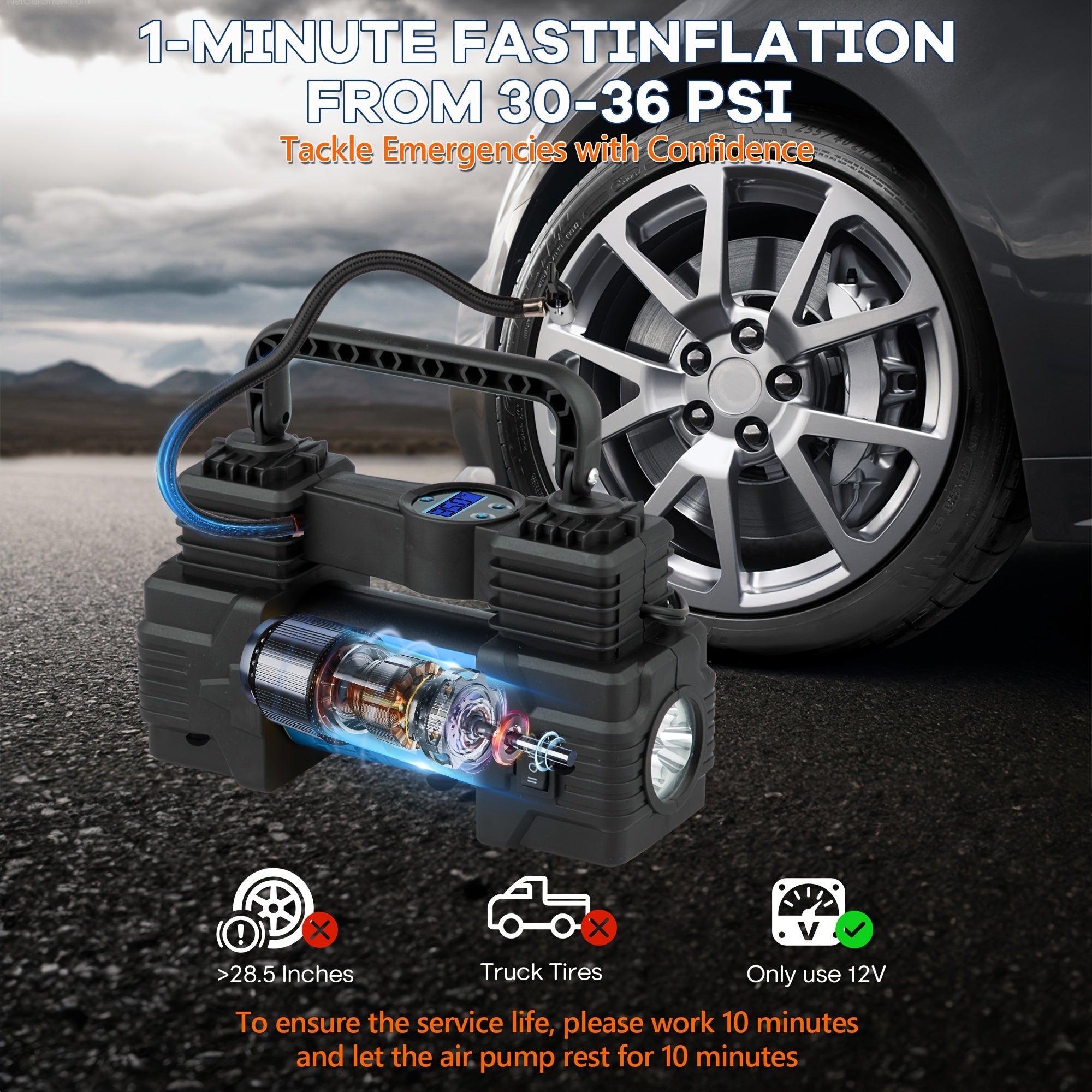 12V Portable Tire Inflator High-Pressure Air Compressor Digital Gauge for Cars Bikes Blue