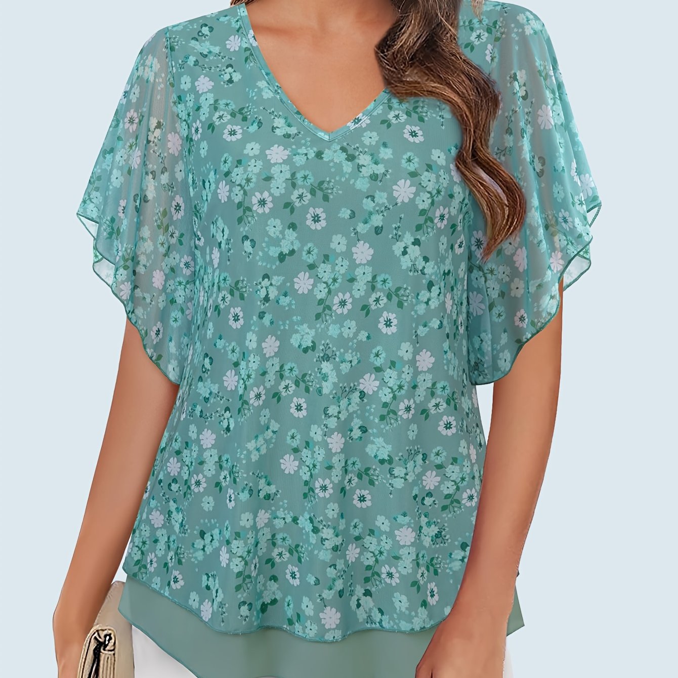 Women's Mesh Blouse Short Sleeve V-Neck Floral Ruffle Summer Tunic Top