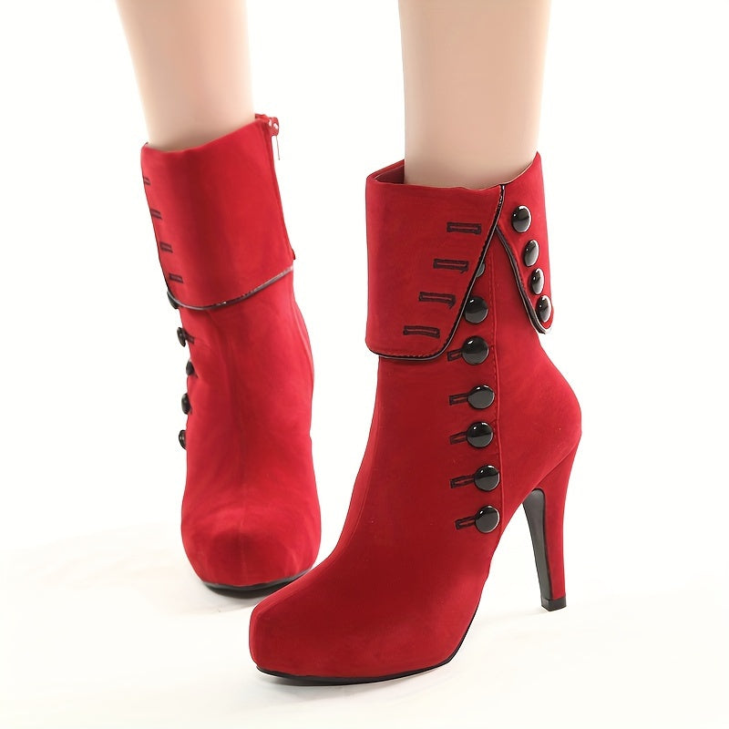 Women's Red High Heel Short Boots With Platform and Thin Sole
