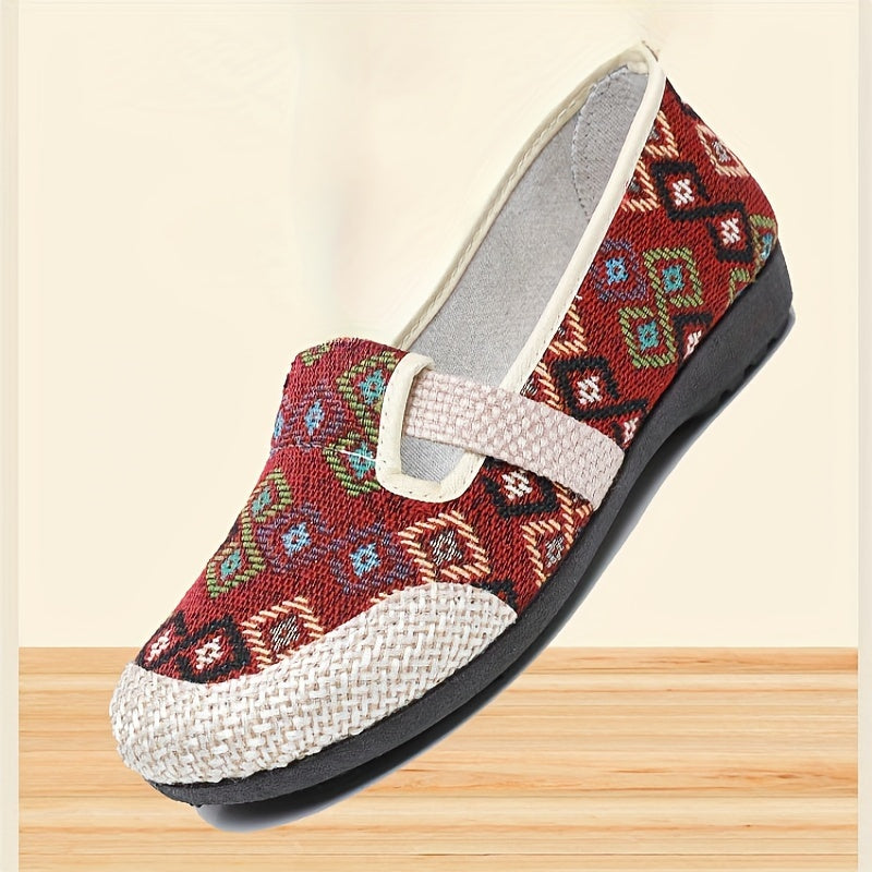 Women's Canvas Slip-On Sneakers with Geometric Pattern and Rubber Sole