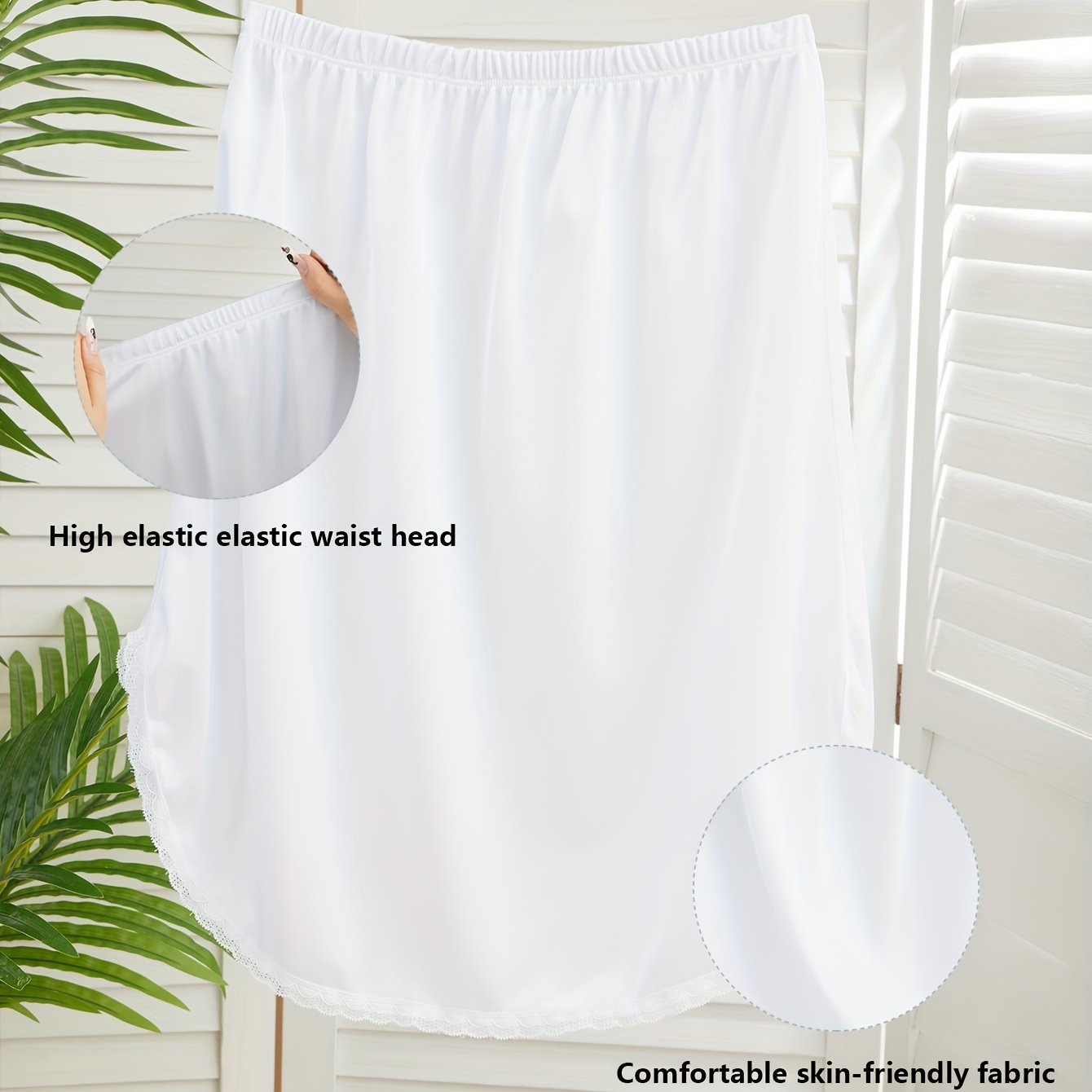 Women Plus Size Lace Trim Safety Slip Skirt High Waist Breathable Light Beige