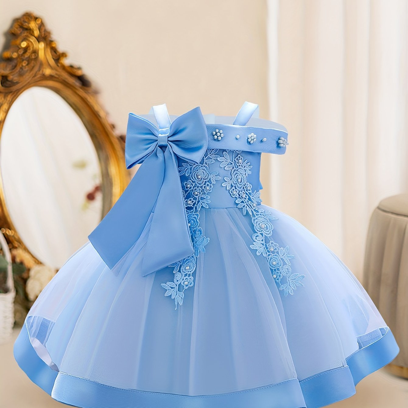 Girls Sleeveless Flower Embroidered Midi Dress with Bowknot for Formal Parties