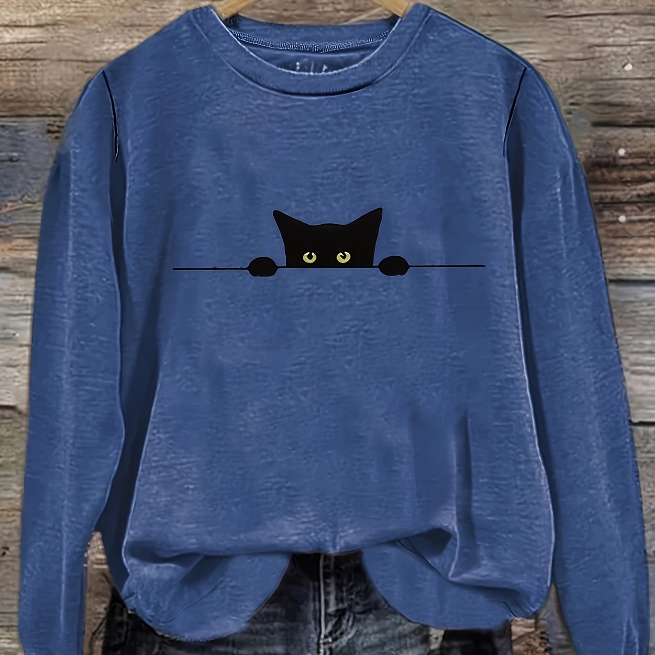 Plus Size Women's Cat Print Sweatshirt Long Sleeve Crew Neck Pullover