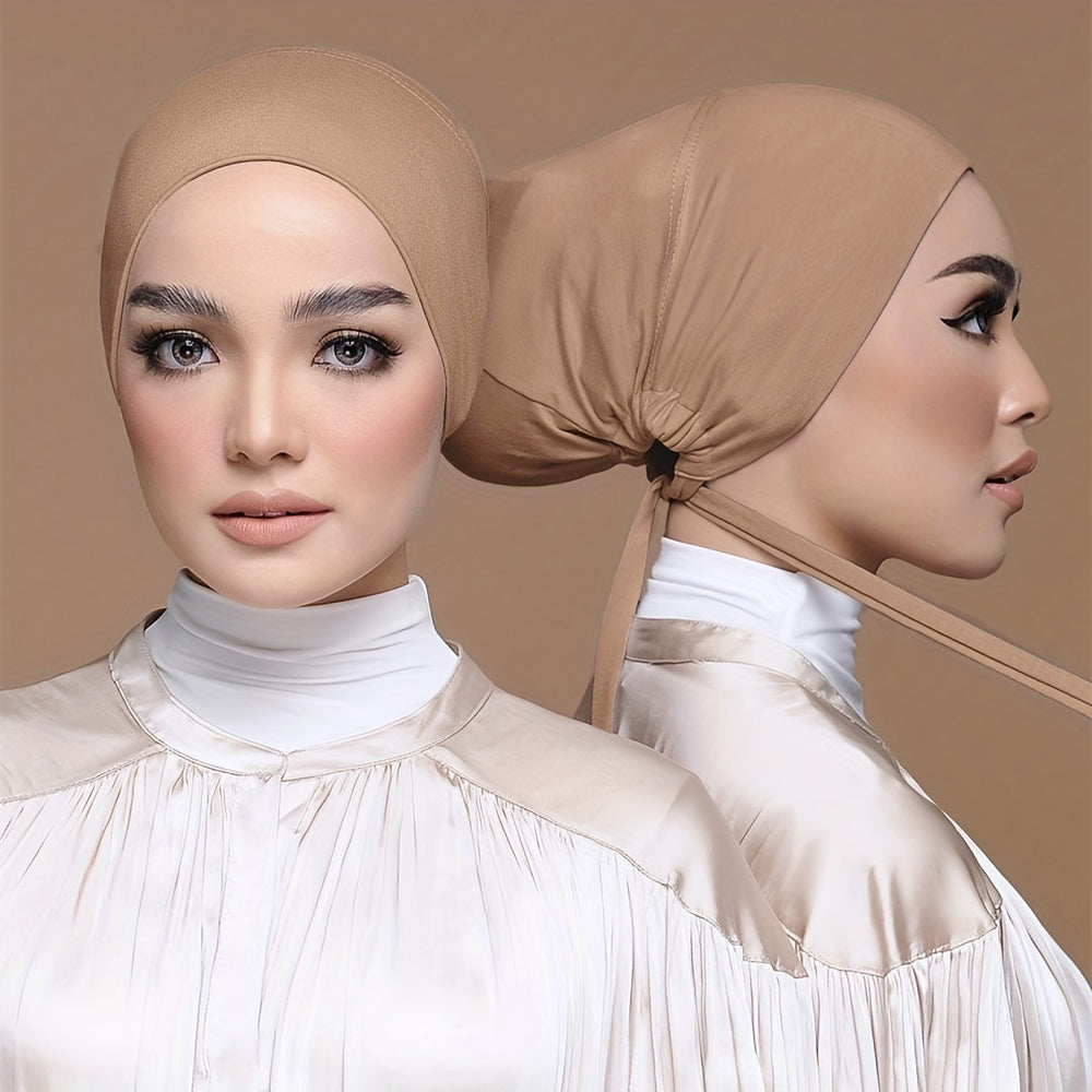 Set of 2 Solid Color Tied Back Undercaps with Elastic Inner Hijab Caps for Women