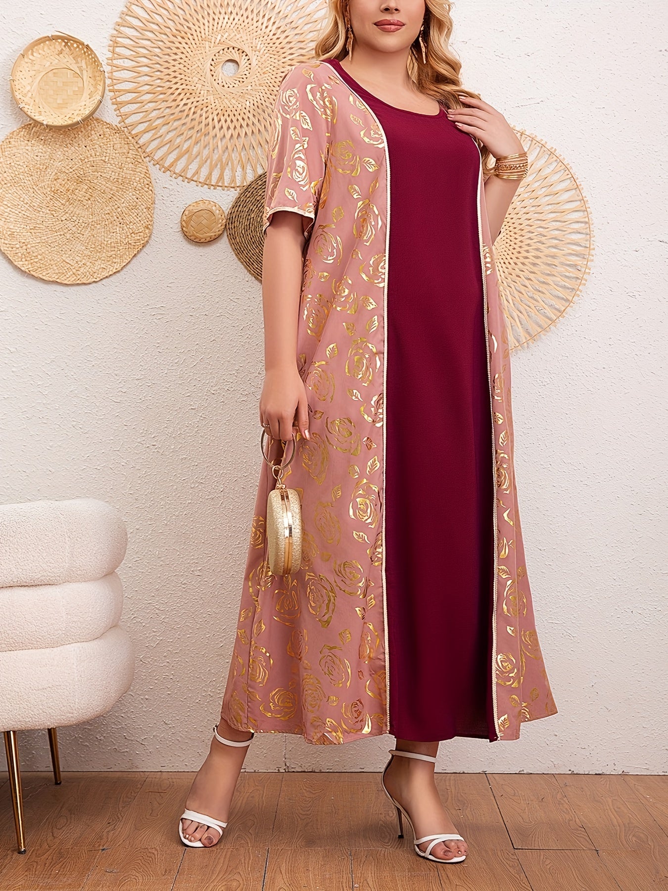 Plus Size Floral Pattern Kaftan Dress Short Sleeve Women Stylish Cover-Up