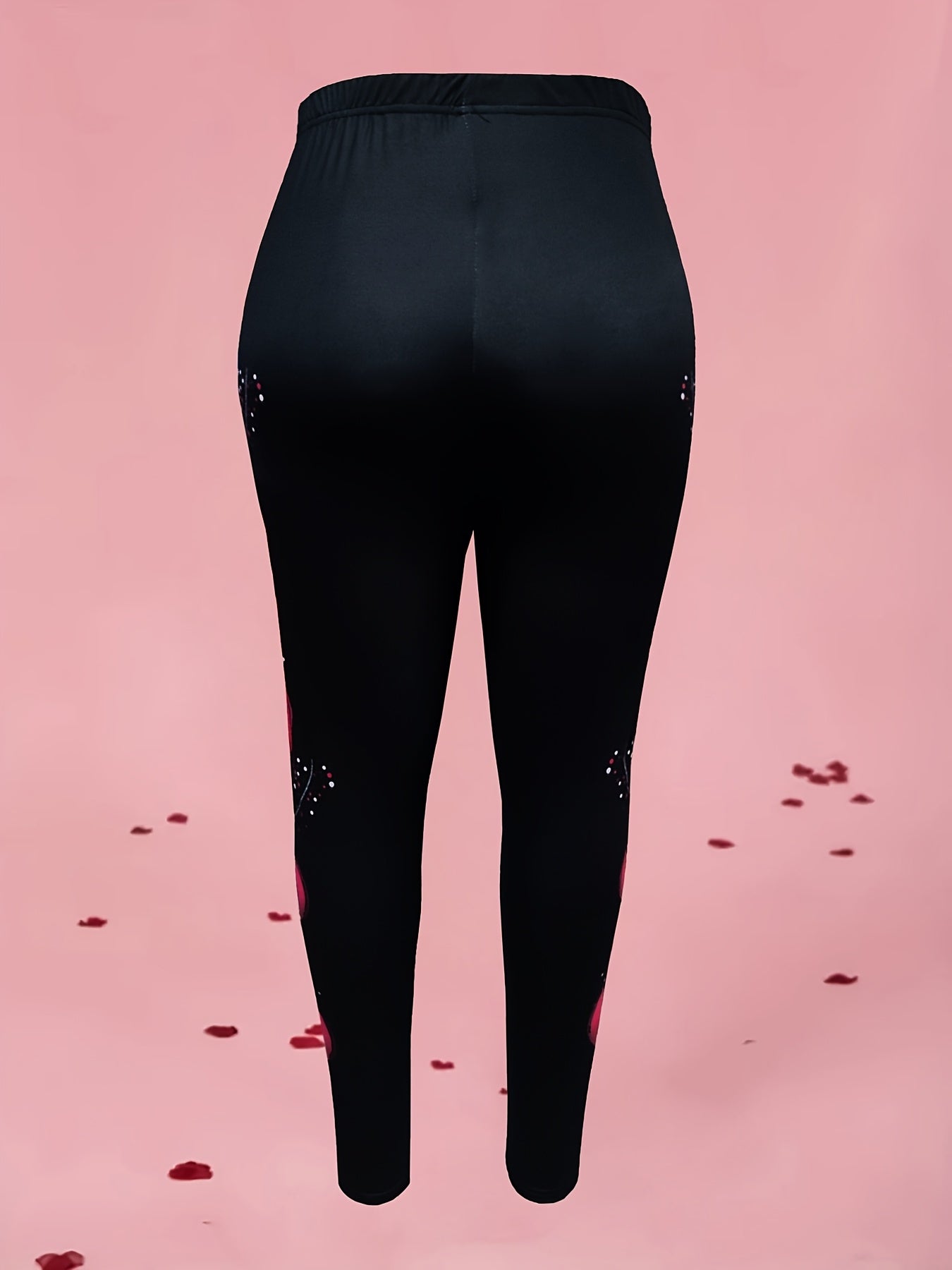 Leggings de mujer de talla grande con estampado de corazones, purpurina morada, elástica para primavera y otoño