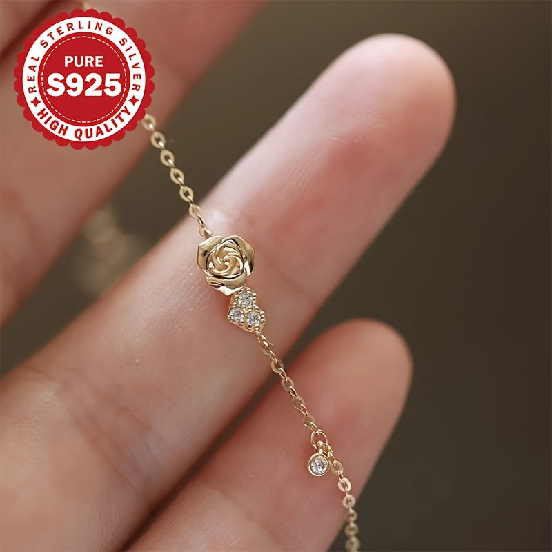 Women’s Rose Heart Bracelet 18K Gold-Plated S925 Silver Zirconia Hypoallergenic