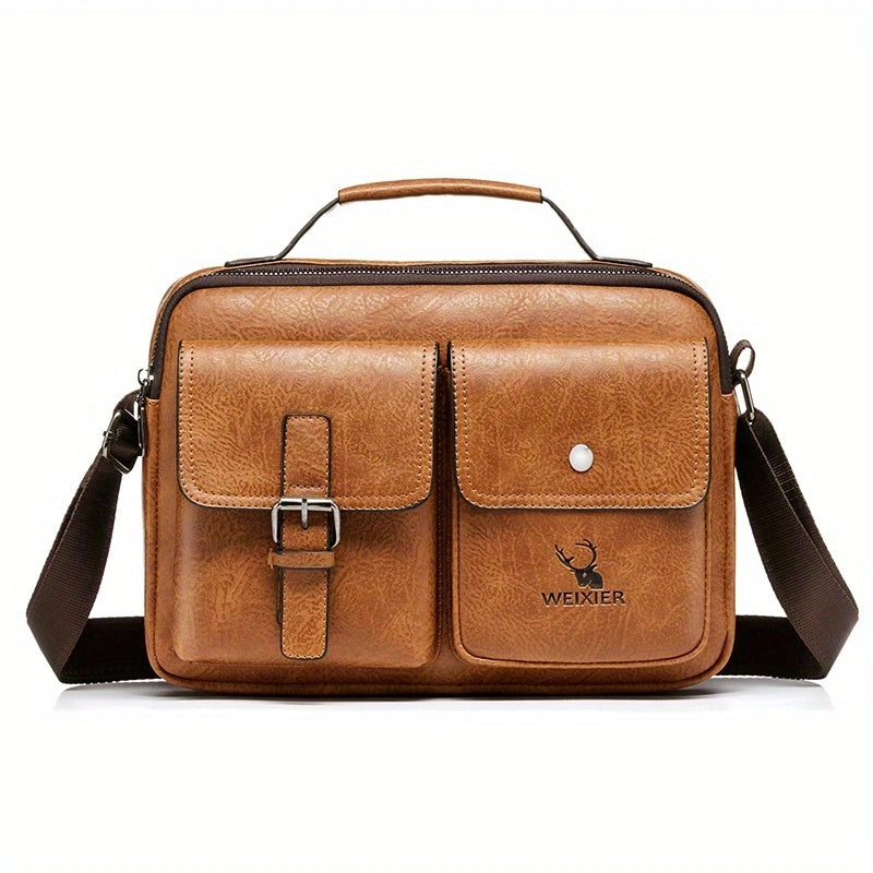 Men's PU Business Crossbody Bag Light Brown Adjustable Shoulder Strap for Office and Casual Use