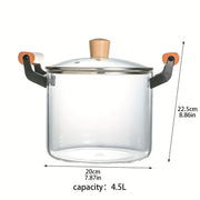 Glass Saucepan with Lid 4.5L Borosilicate Dual Wooden Handles for Soup and Noodles