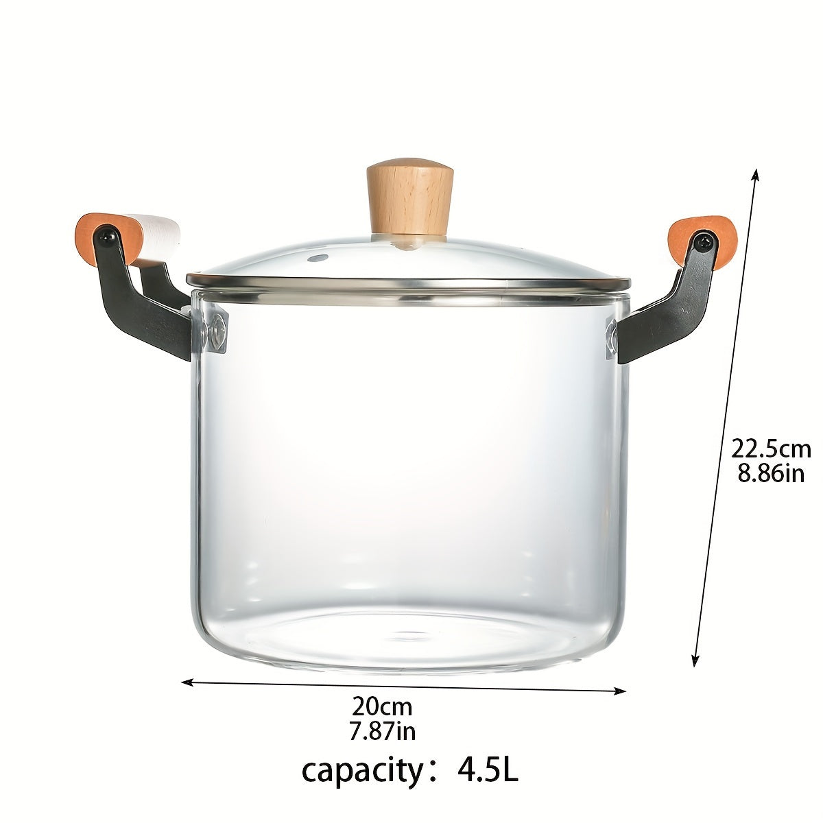 Glass Saucepan with Lid 4.5L Borosilicate Dual Wooden Handles for Soup and Noodles