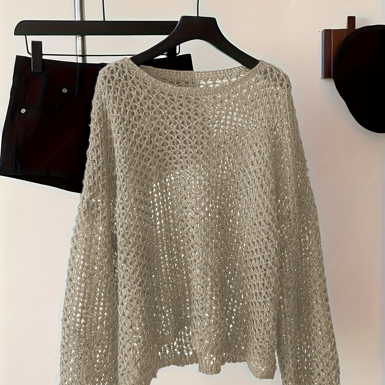 Women Plus Size Light Gray Crochet Sweater Long Sleeve Round Neck Pullover