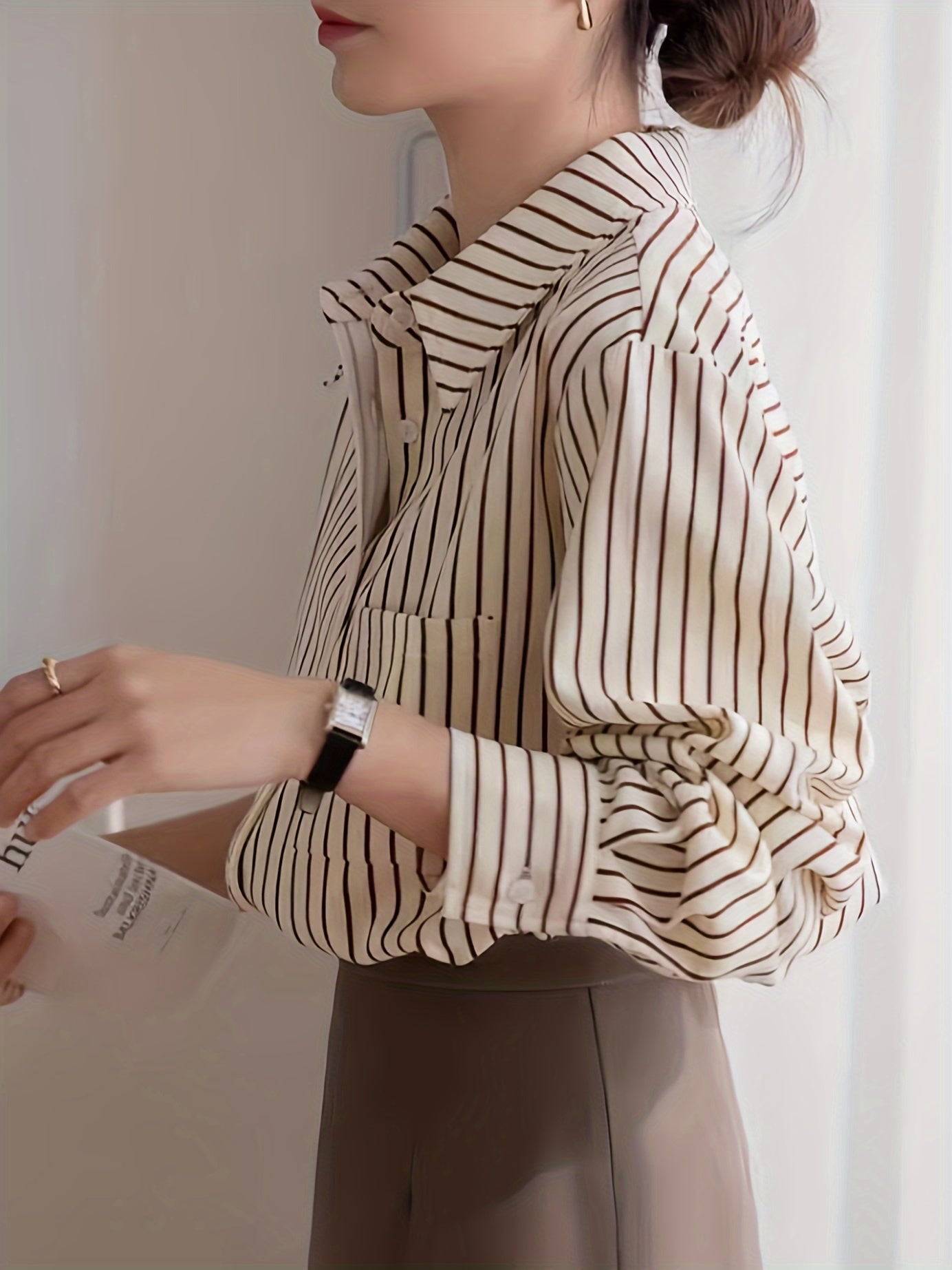 Beige Striped Long Sleeve Blouse with Button-Up Front for Casual Wear