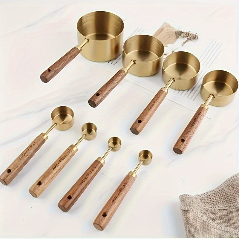 Set of 8 Stainless Steel Measuring Cups and Spoons with Acacia Wood Handles
