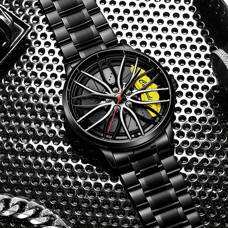 Men's Sports Watch with Car Wheel Hub Caliper Design Steel Band Luminous Hollow Dial