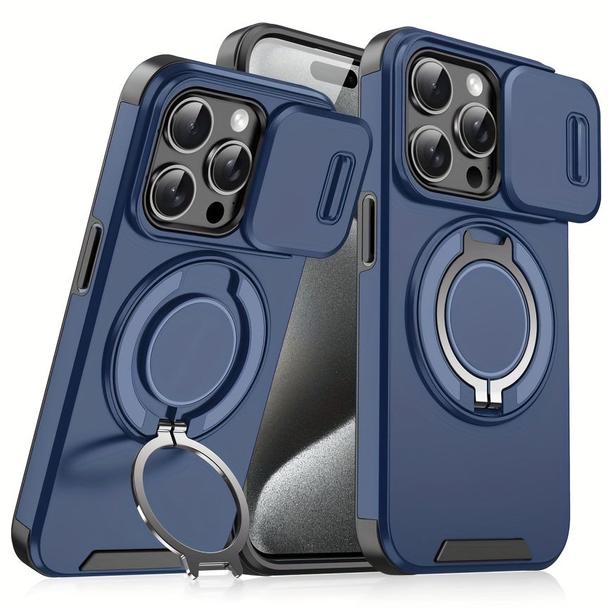 iPhone Case with Sliding Camera Cover Full Protection Shockproof Matte TPU Ring Holder Magnetic Car Bracket