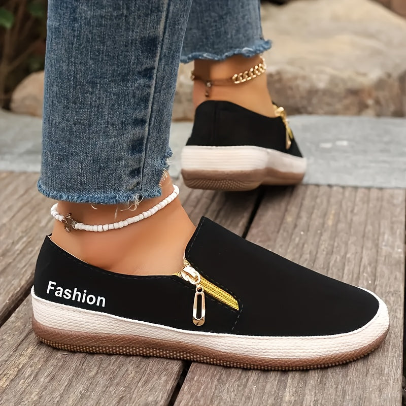 Women's Black Mary Jane Slip-On Shoes with Zipper and Chain Strap