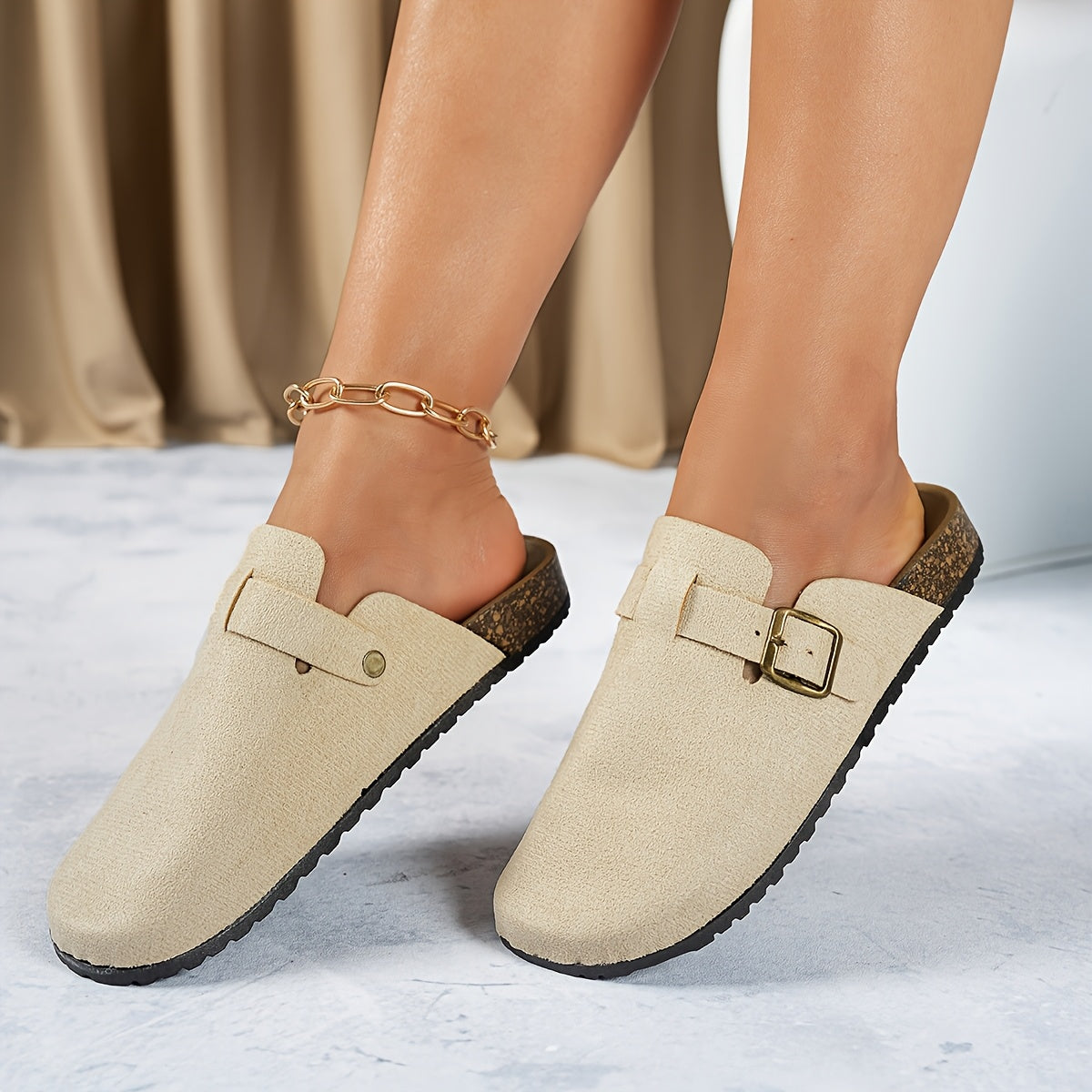 Women TPU Mule Shoes with Golden Chain Ankle Strap Beige Open-Toe Platform