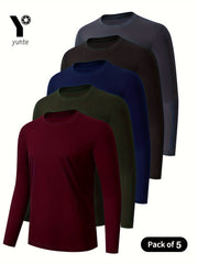 Men's Athletic Long Sleeve Crew Neck Shirts 5-Pack Quick-Dry Polyester Solid Colors