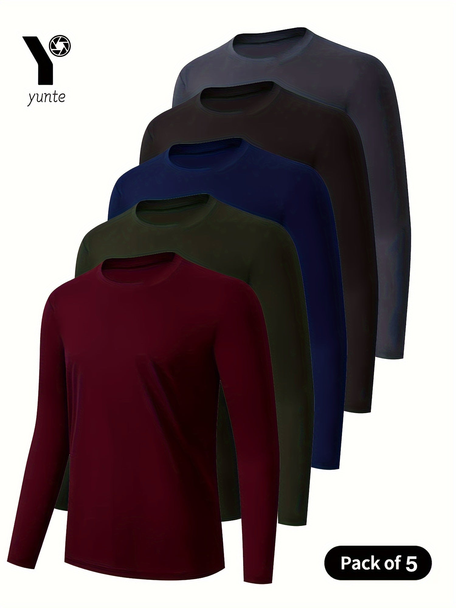 Men's Athletic Long Sleeve Crew Neck Shirts 5-Pack Quick-Dry Polyester Solid Colors