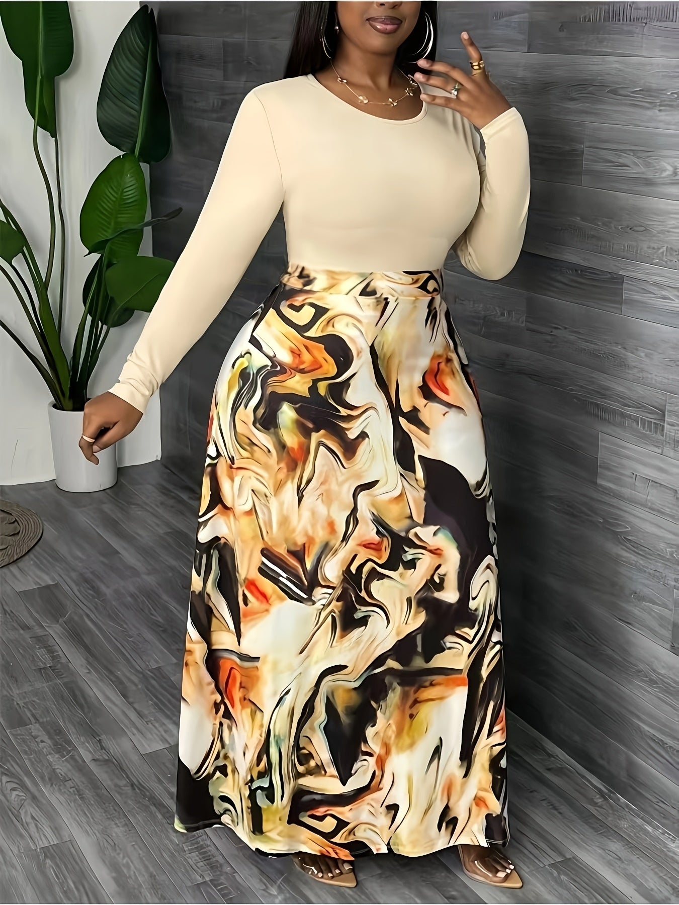 Plus Size Women's Flared Skirt Abstract Print High-Waisted A-Line Orange Black White