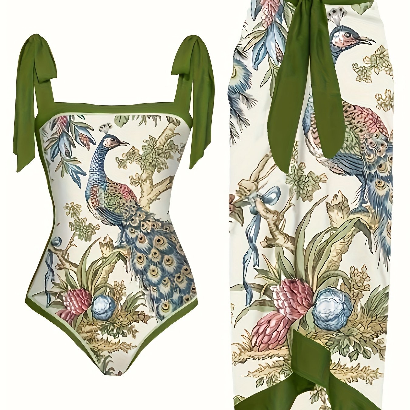 Women's Two-Piece Swimsuit Set with Bird and Floral Print Tummy Control Bathing Suit and Cover-Up Skirt