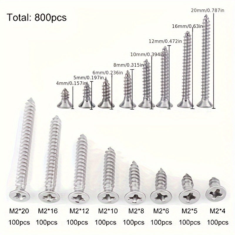 800pcs Self-Tapping Wood Screws Set, Nickel-Plated Carbon Steel, Assortment Kit