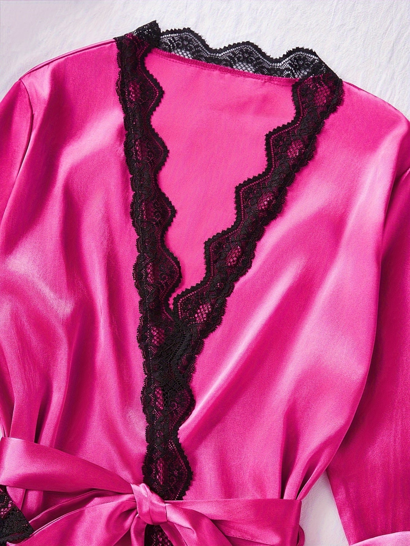 Women's Solid Polyester Pajama Set with Lace Trim Camisole Shorts Pants and Robe