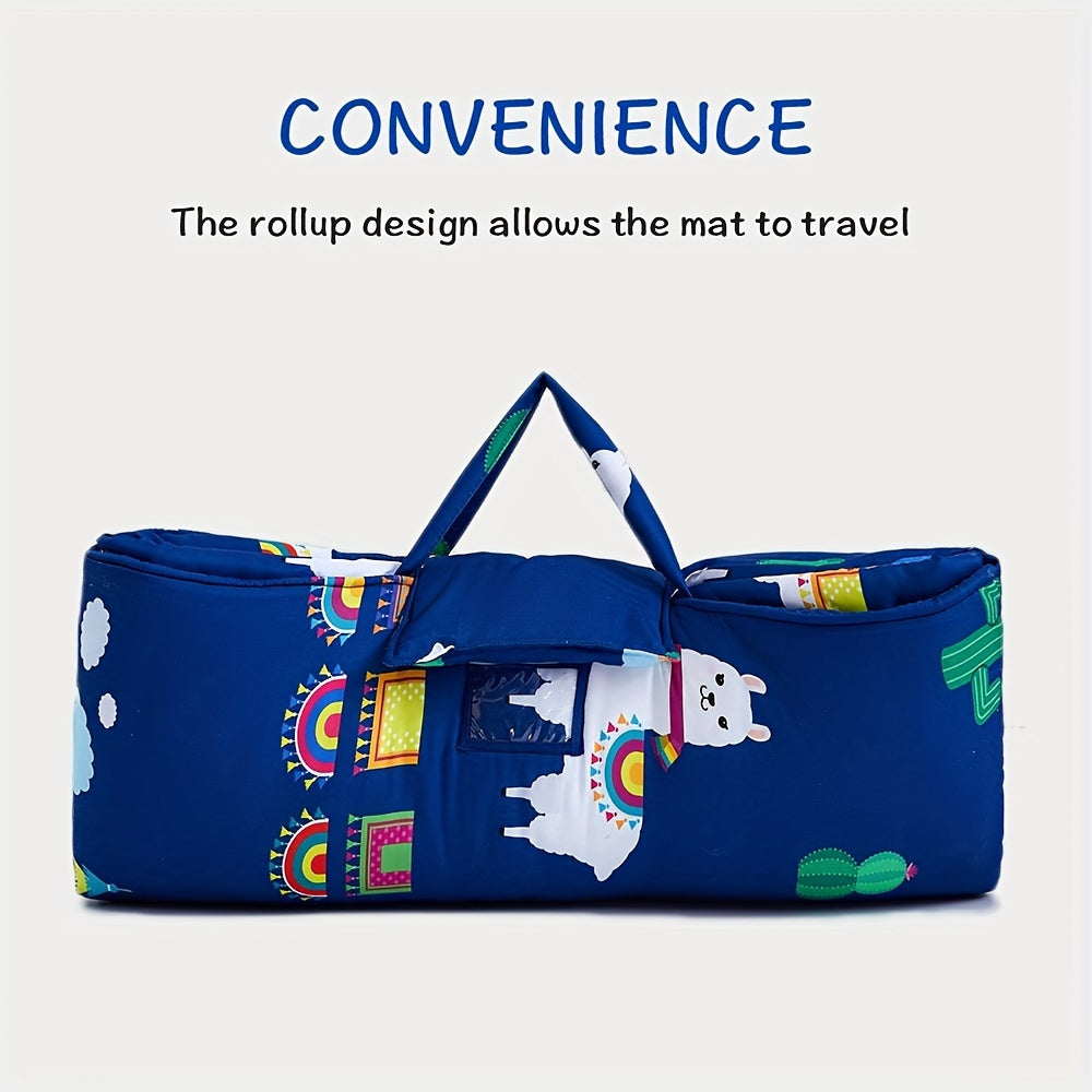Kids Nap Mat Blue Rollup with Animal and Geometric Patterns for Daycare Preschool Travel