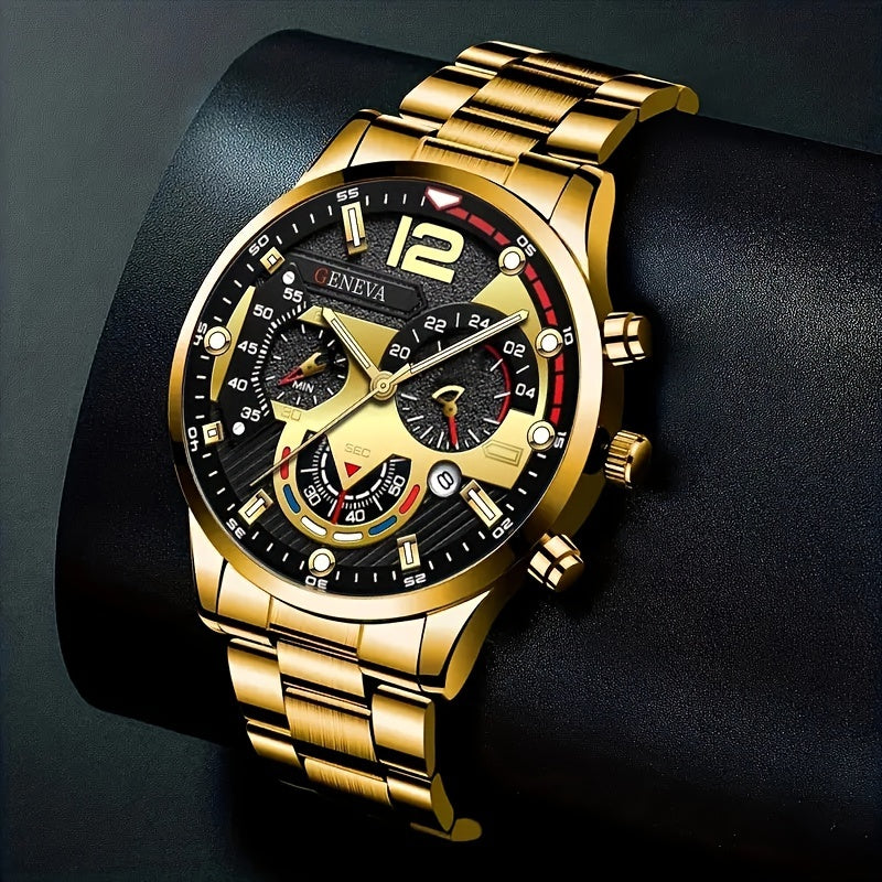 Men's Luxury Gift Set Includes Stainless Steel Watch Necklace Bracelet Ring Business Casual