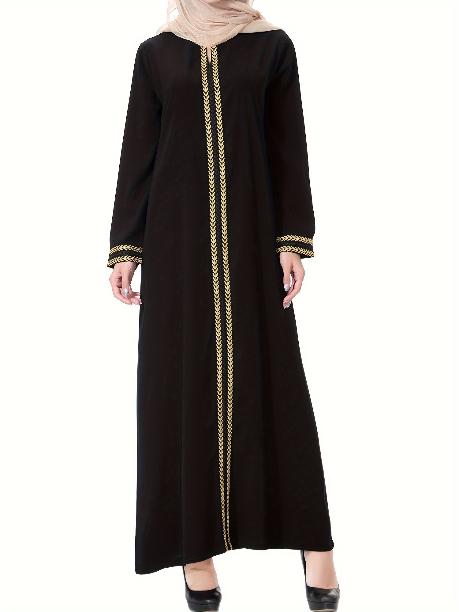 Modest Ramadan Dress with Golden Trim Long Sleeves Woven Polyester