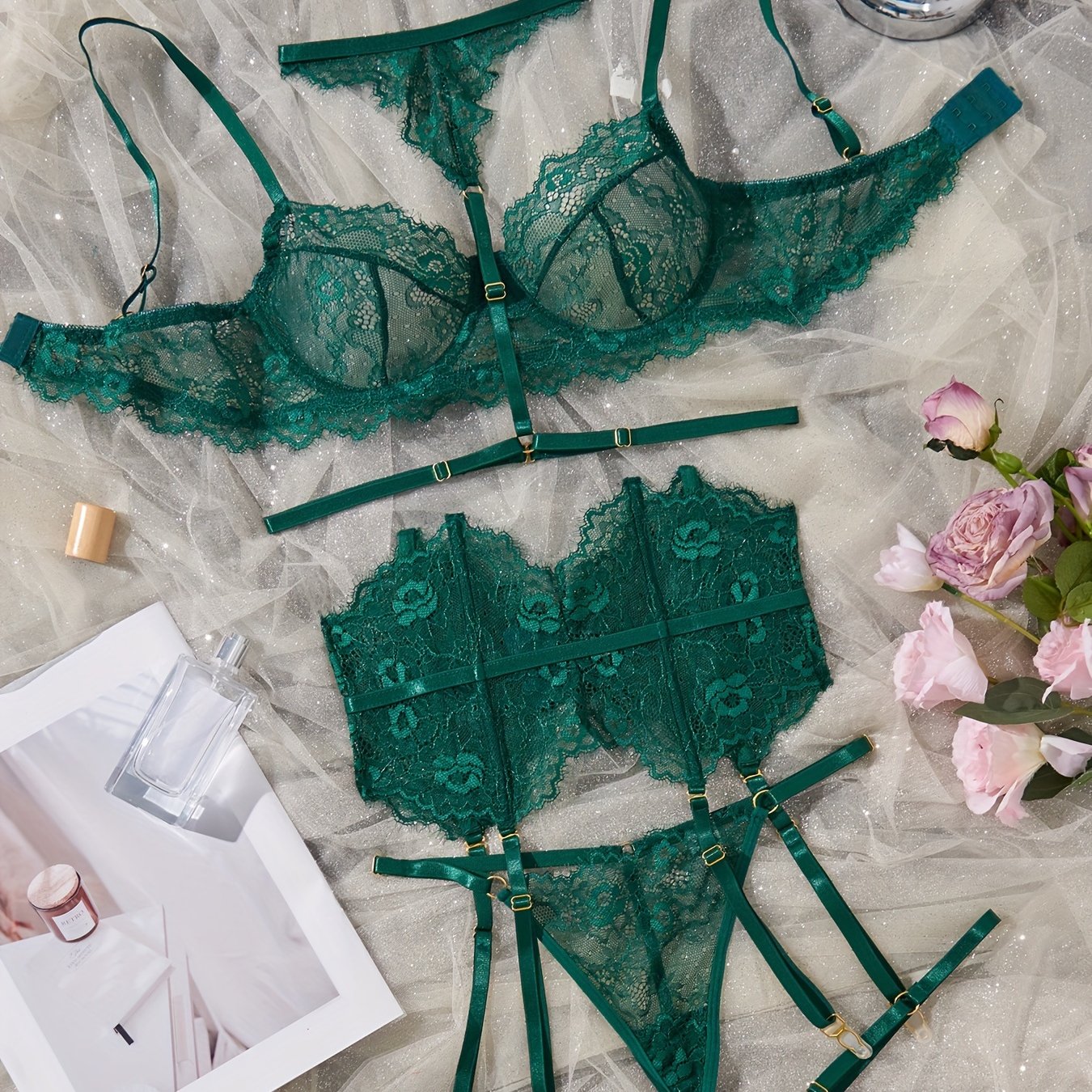 See-Through Lace Lingerie Set for Women with Bra and Thong