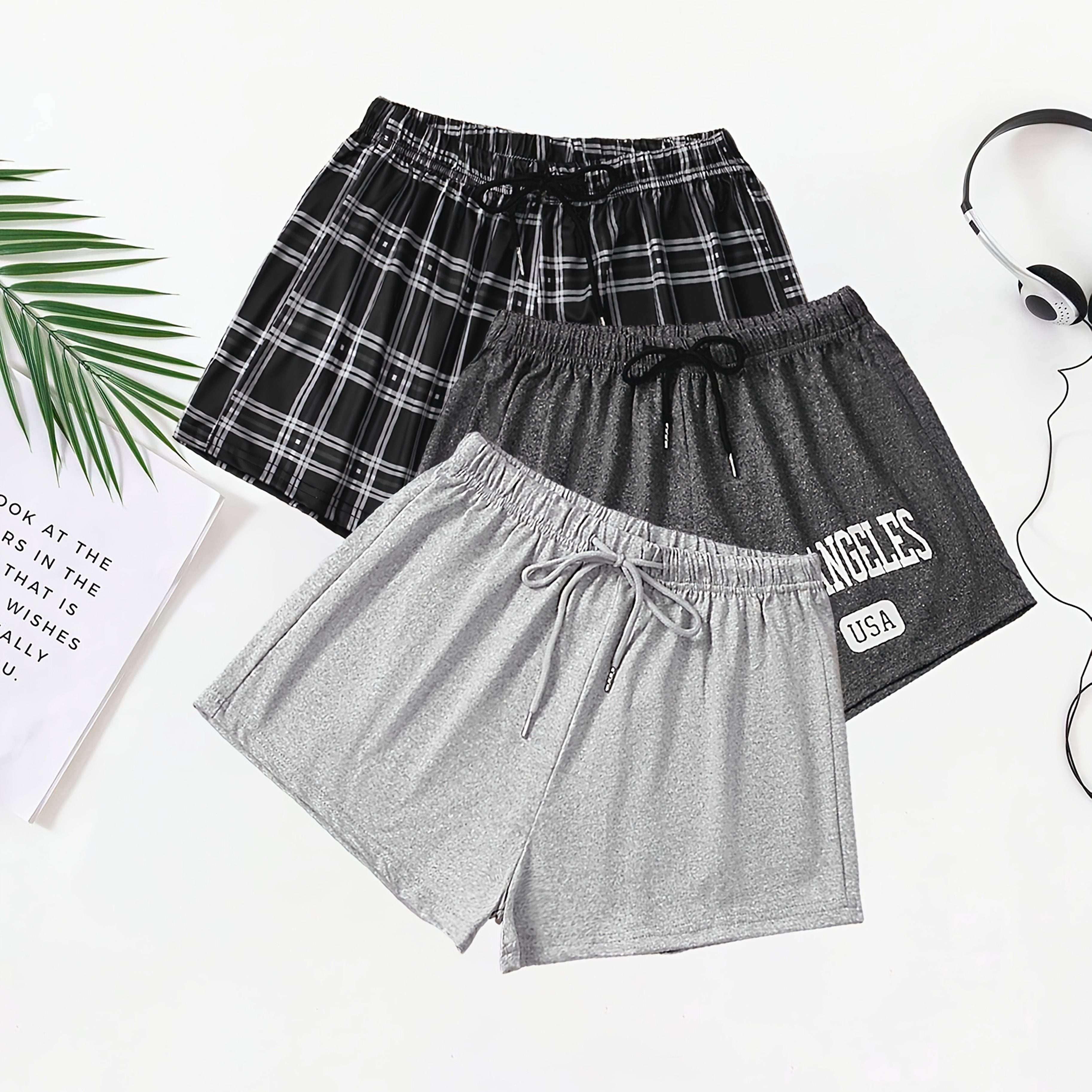 Conjunto de pantalones cortos de descanso para mujer con estampado de cuadros y letras, con cordón elástico, conjunto de ropa de descanso casual de 3 piezas