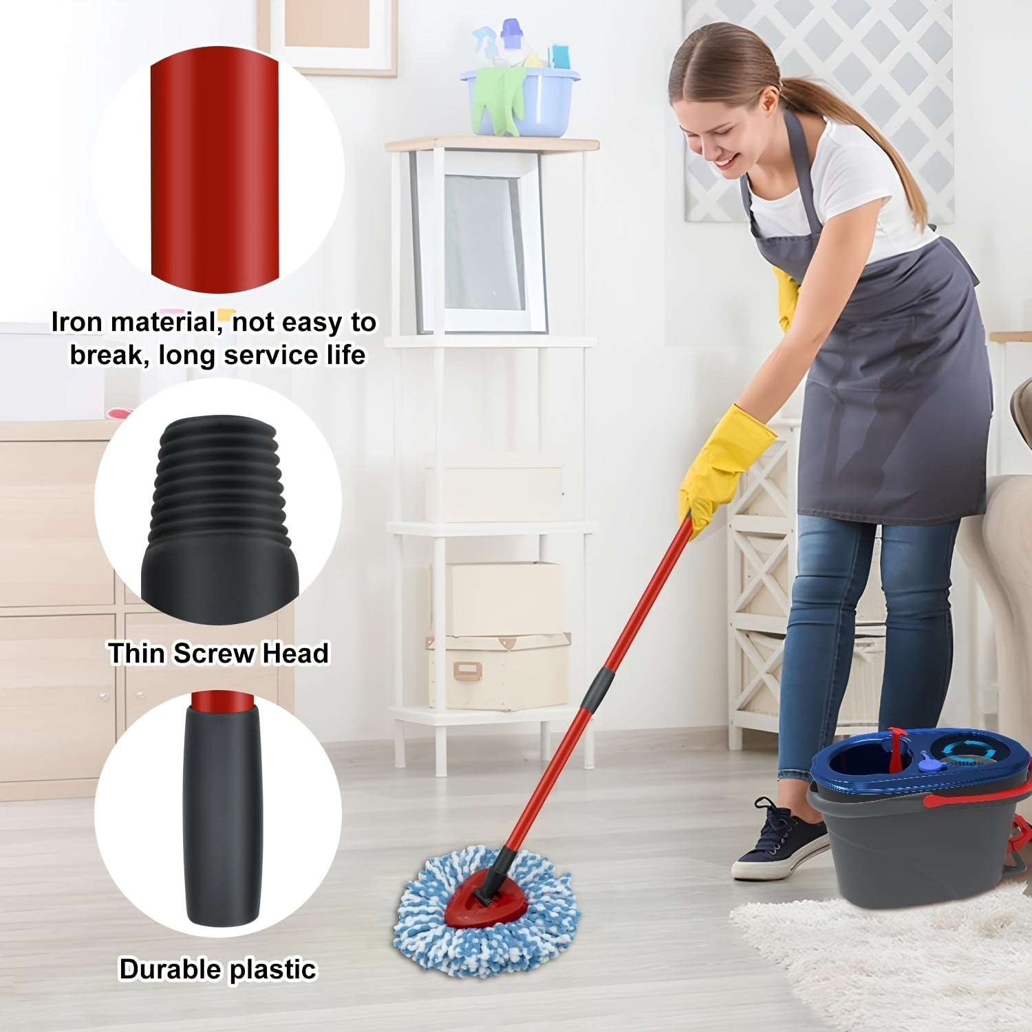 Ikkita Microfiber Spin Mop Refill Set oling, mustahkam 4-bo'lakli temir tutqichi bilan, O-Cedar EasyWring va RinseClean 2-Tank tizimlari bilan mos keladi. Tutqich 76.2 sm dan 147.32 sm gacha sozlanishi mumkin, bu esa samarali pol tozalashni ta'minlaydi.
