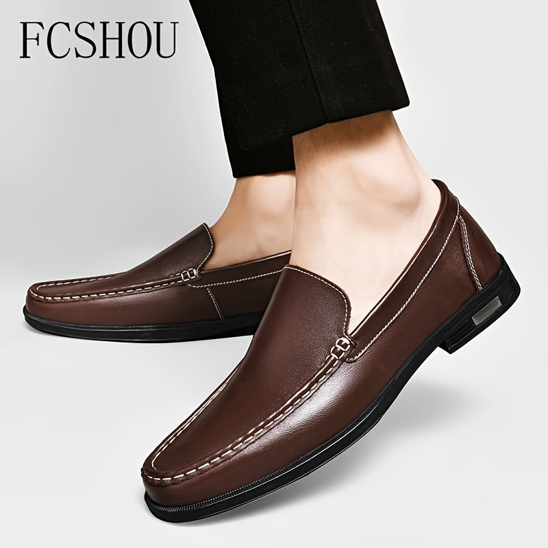 Men's Slip On Loafer Shoes with Rubber Sole Non Slip Casual Solid Leather