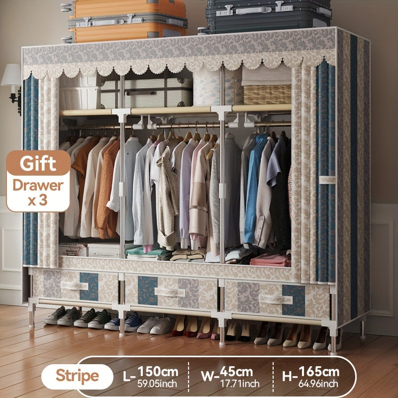 Pink Floral and Bird Pattern Wardrobe Closet with Cover and Metal Frame for Bedroom or Rental Space