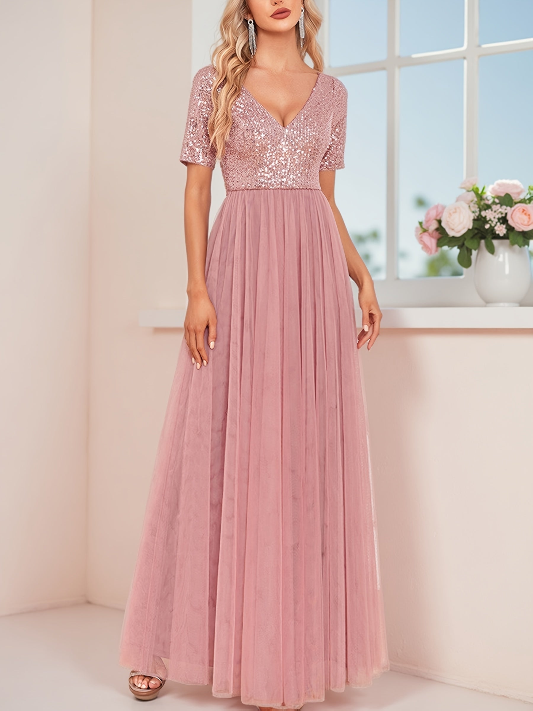 Plus Size Sequin Mesh Evening Gown V-Neck A-Line Party Dress