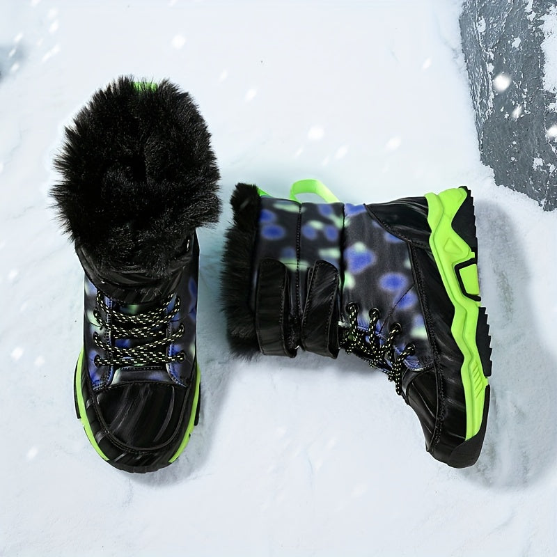 Boy's Camouflage Hiking Boots with Plush Lining Non-Slip Outdoor Shoes for Fall Winter